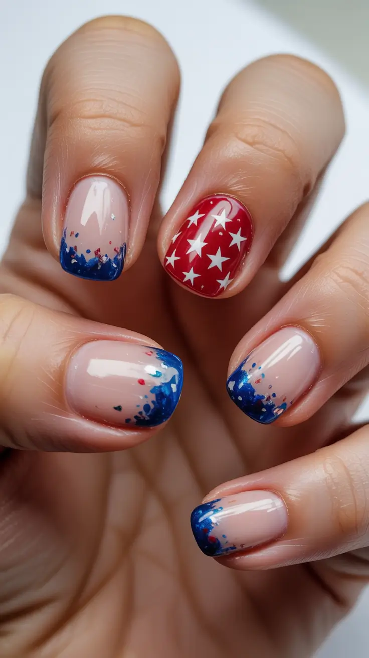 Simple & Cute 4th of July Nails 2025 Confetti Blue Tips with a Star-Pop Accent