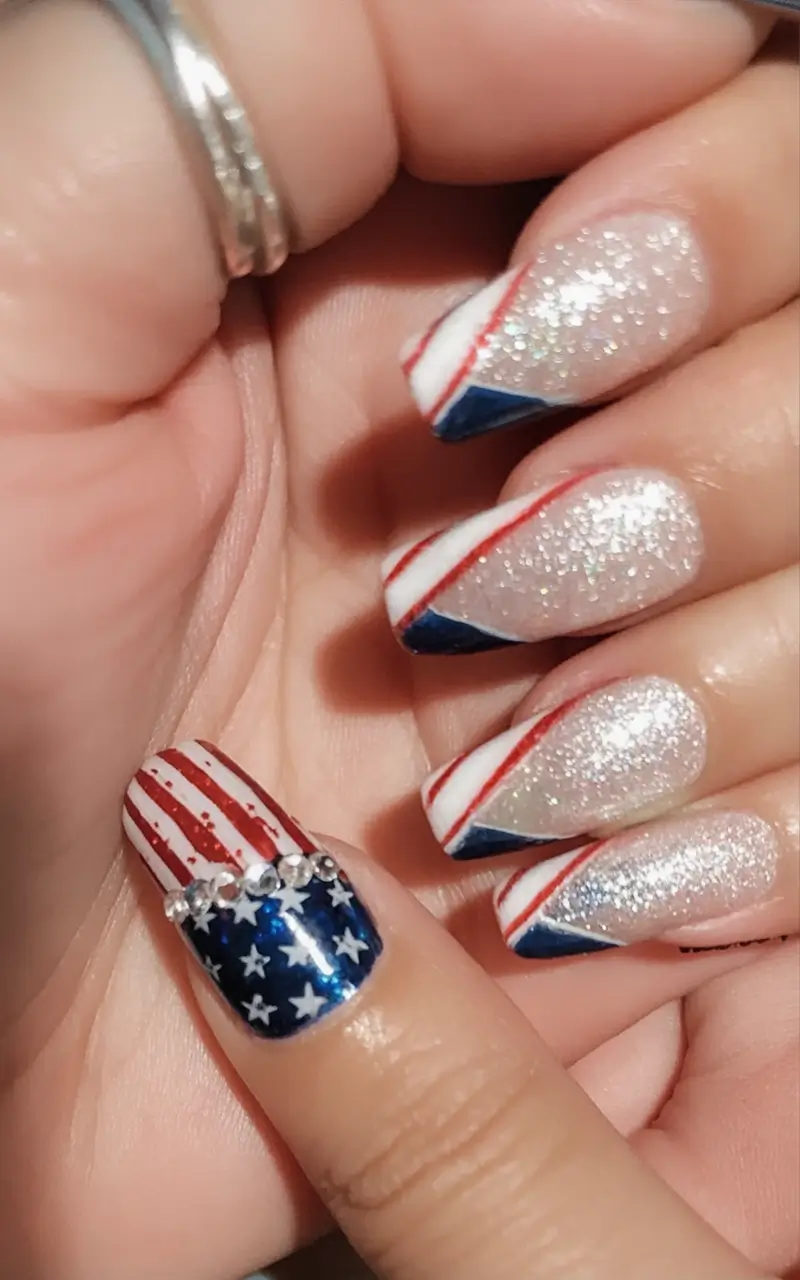 Simple & Cute 4th of July Nails 2025 Glitzy Diagonals and Rhinestone Flags