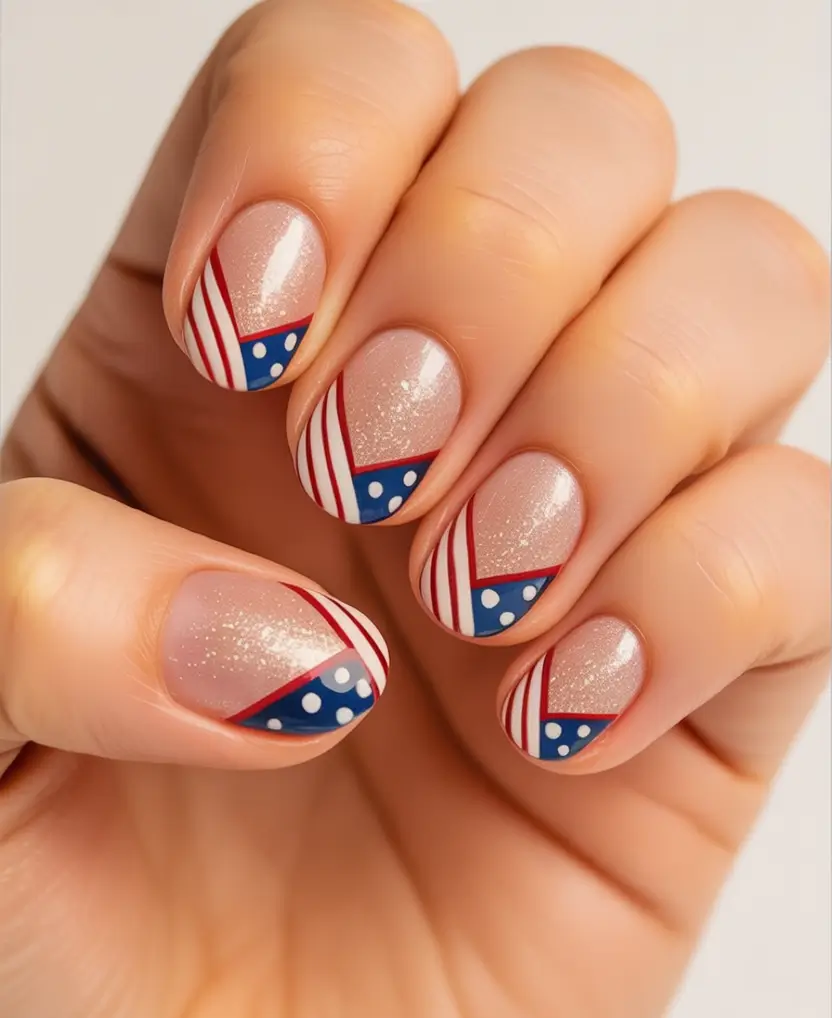 Simple & Cute 4th of July Nails 2025 Diagonal Sparkle Stripes with Retro Dots