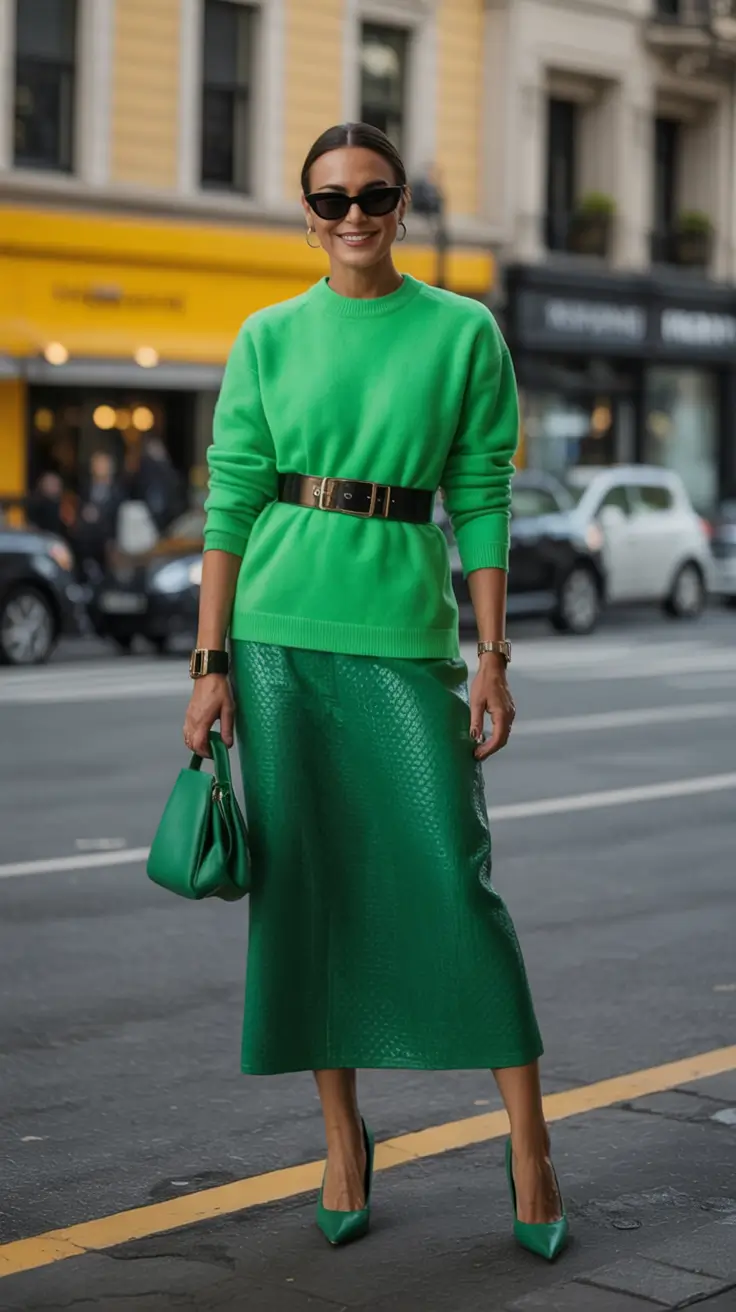 Stylish fall 2025 fashion outfits for women 40+ Vibrant Power Layering In Green