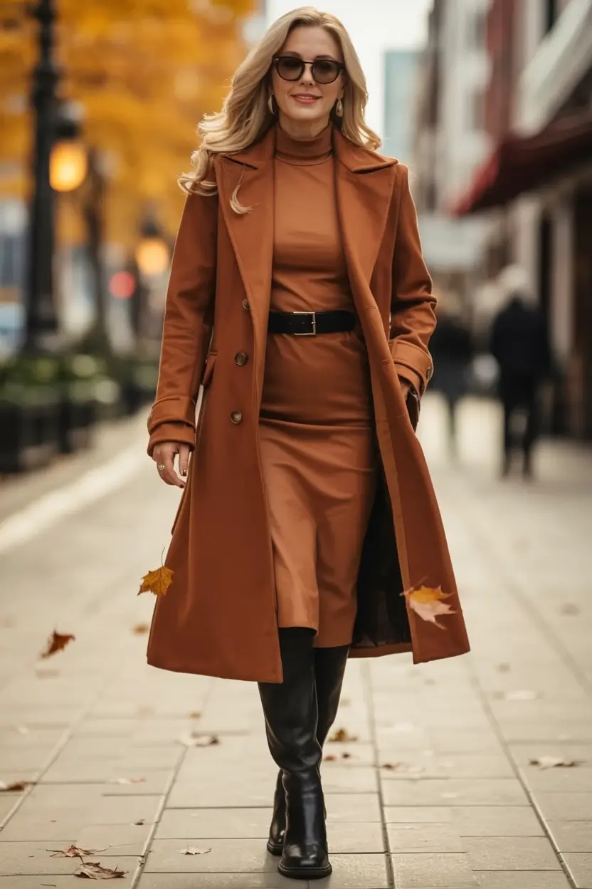 Stylish fall 2025 fashion outfits for women 40+ Autumnal Power In Rich Caramel Tones