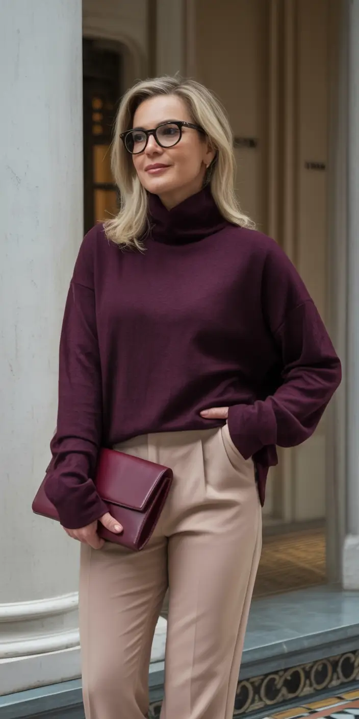 Stylish fall 2025 fashion outfits for women 40+ Burgundy Ease With Tailored Neutrals