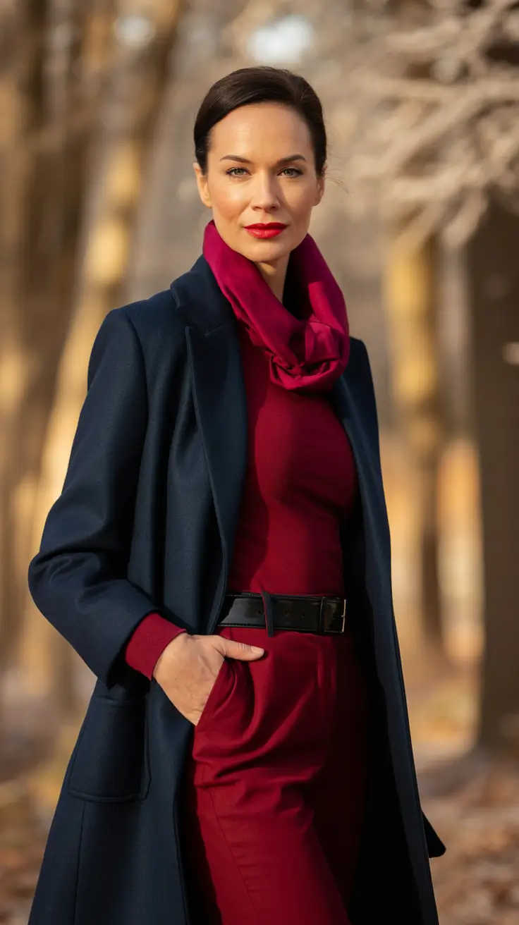 Stylish fall 2025 fashion outfits for women 40+ Berry Power With Midnight Tailoring