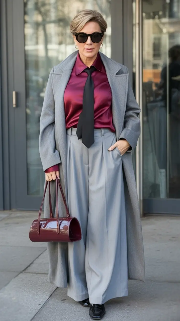 Stylish fall 2025 fashion outfits for women 40+ Androgynous Glamour With A Satin Twist