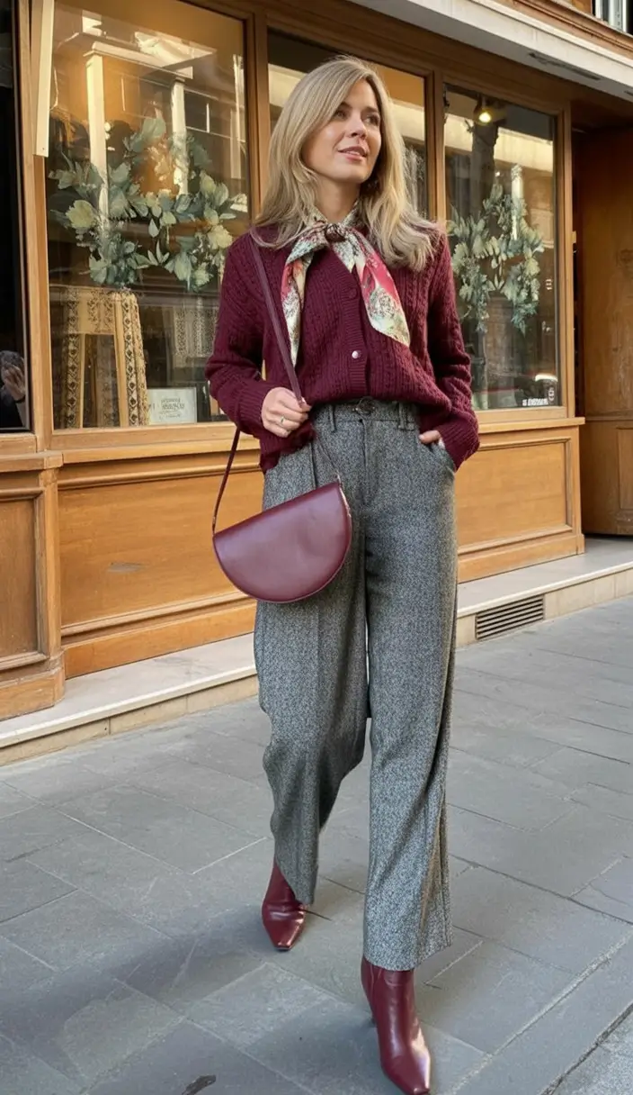 Stylish fall 2025 fashion outfits for women 40+ Wine Tones and Textured Greys