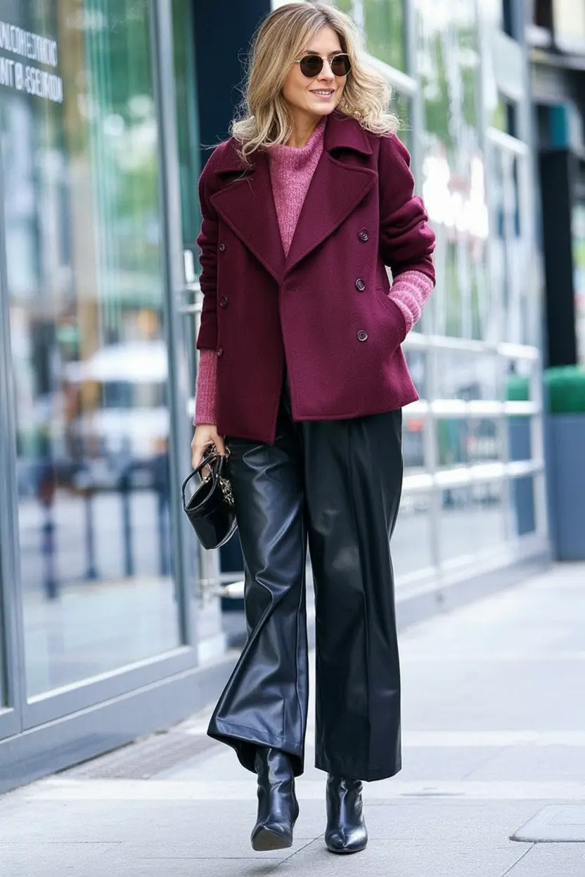 Stylish fall 2025 fashion outfits for women 40+ Berry Tones Meet Leather Edge