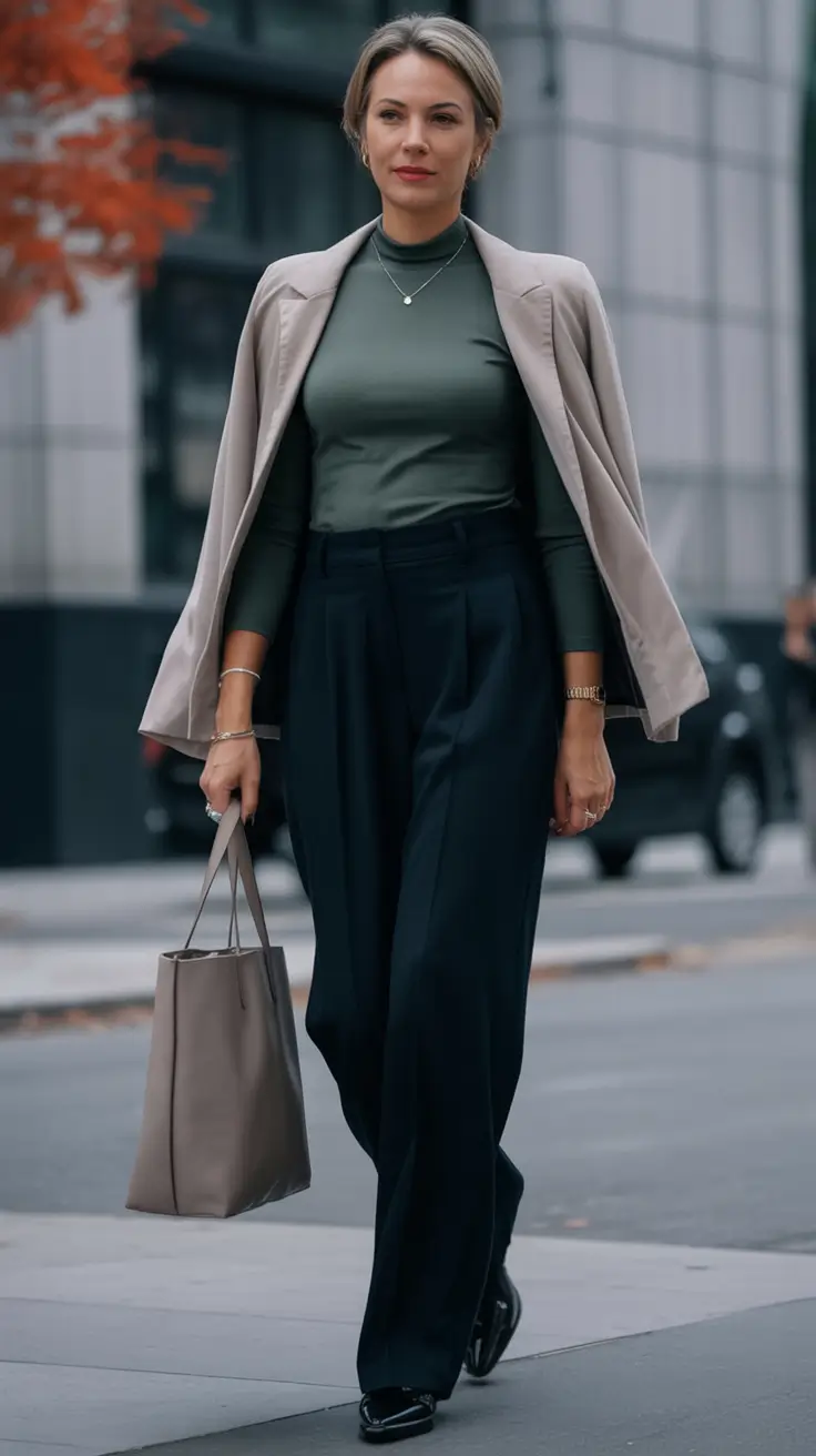 Stylish fall 2025 fashion outfits for women 40+ Sage Green & Structured Calm