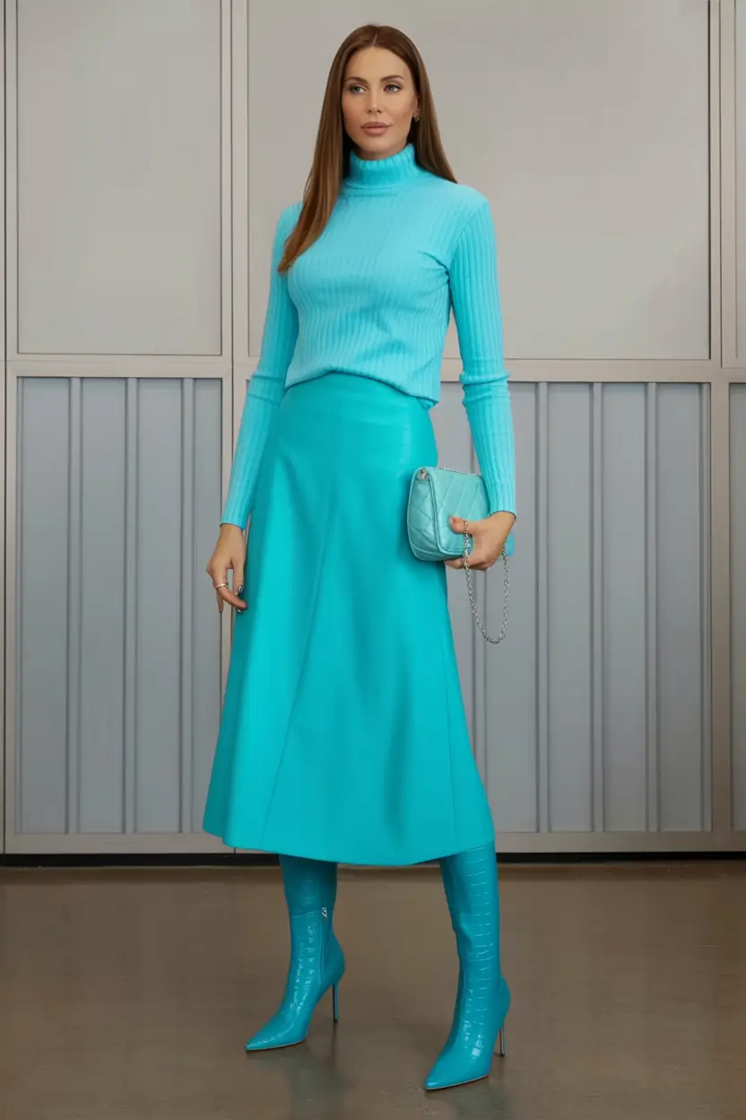 Stylish fall 2025 fashion outfits for women 40+ Turquoise Monochrome With Sleek Energy
