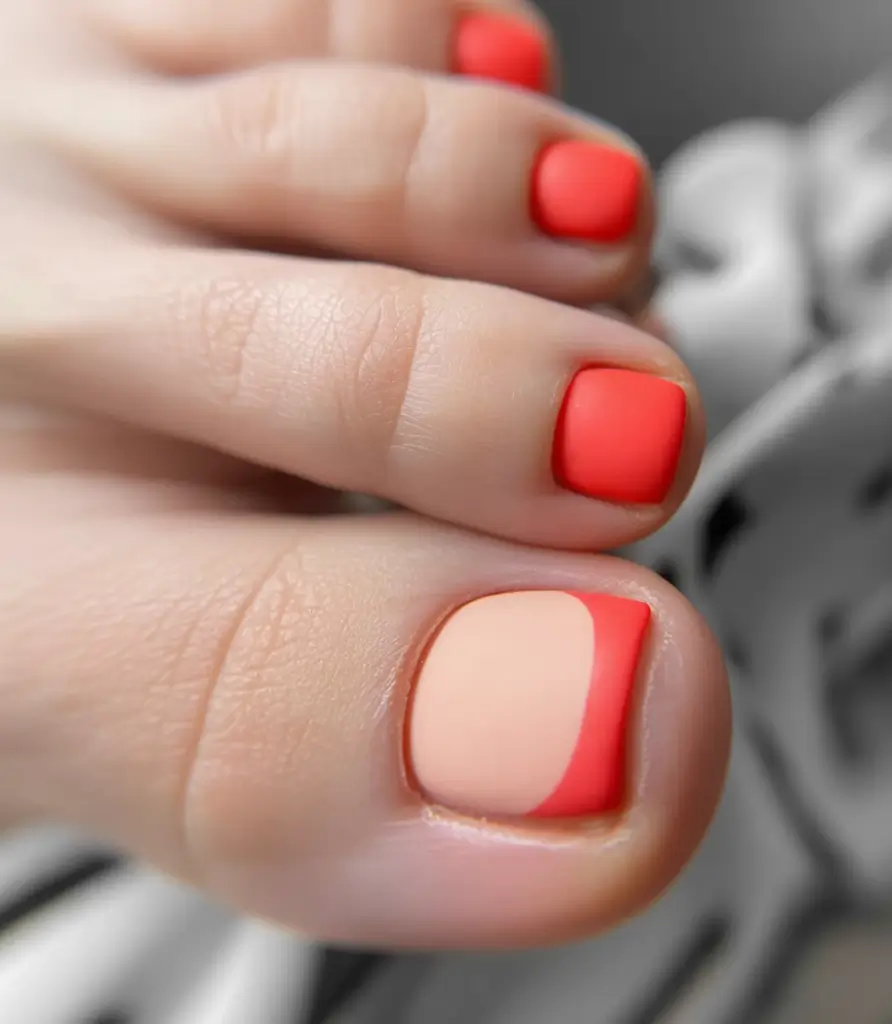 Toe Nail Ideas to Try This August 2025 Coral Colorblock Meets Matte Cool