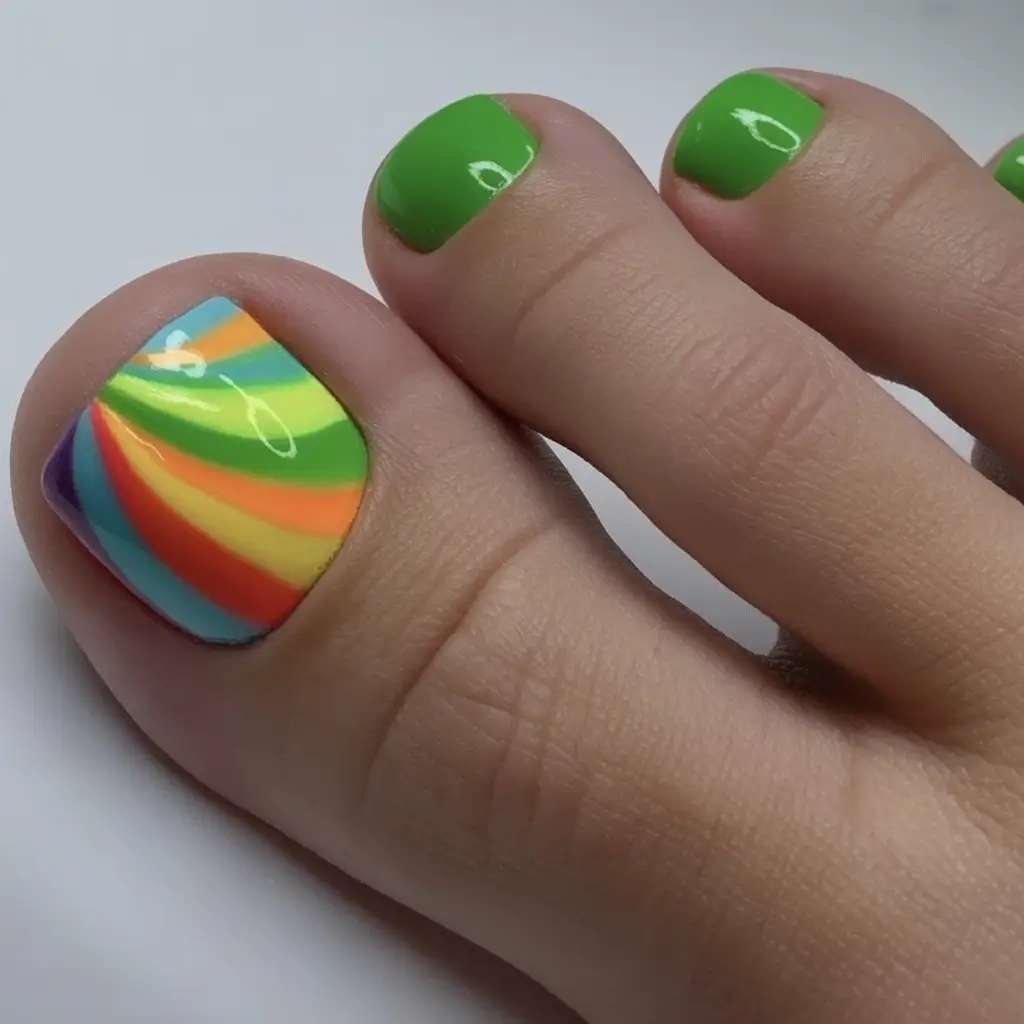 Toe Nail Ideas to Try This August 2025 Green Energy with a Rainbow Twist