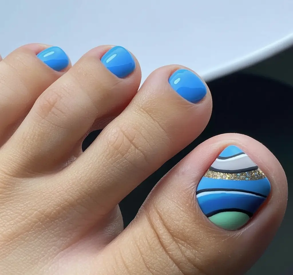 Toe Nail Ideas to Try This August 2025 Surf Stripe Shimmer