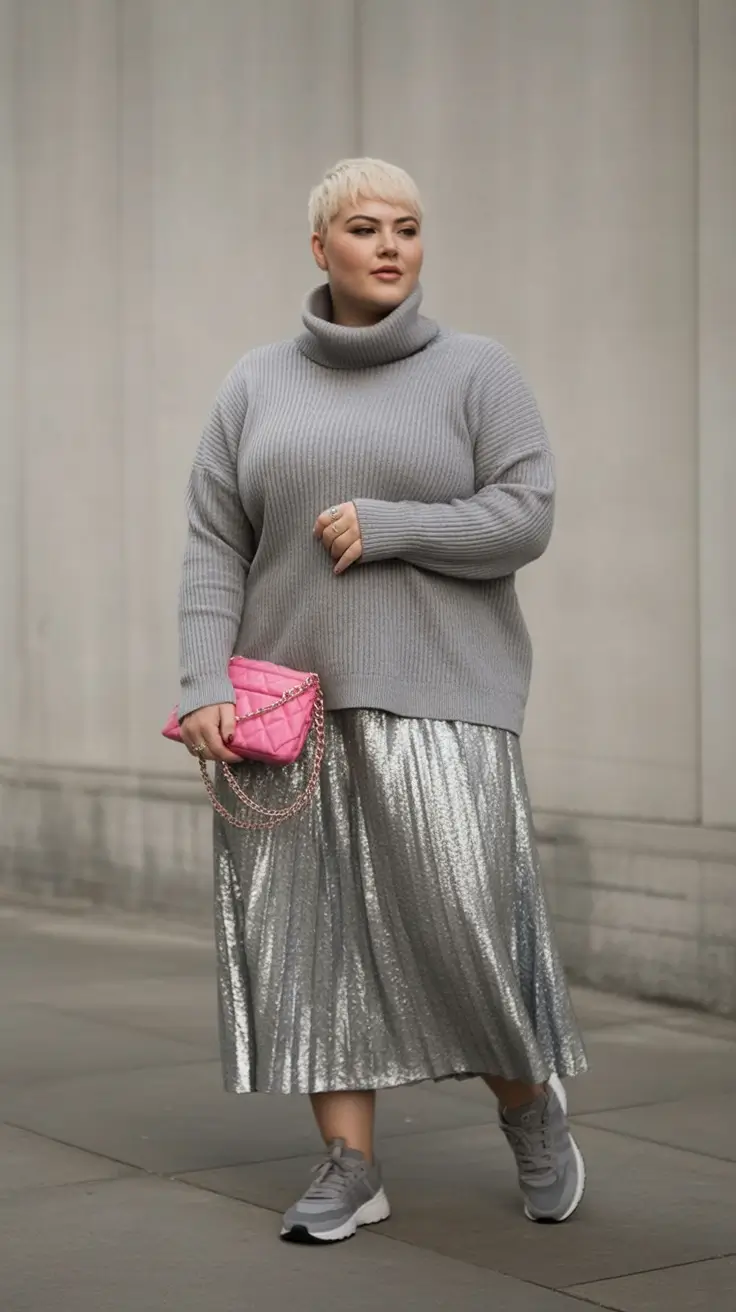 fall plus size outfits Metallic Skirt and Chunky Knit Magic