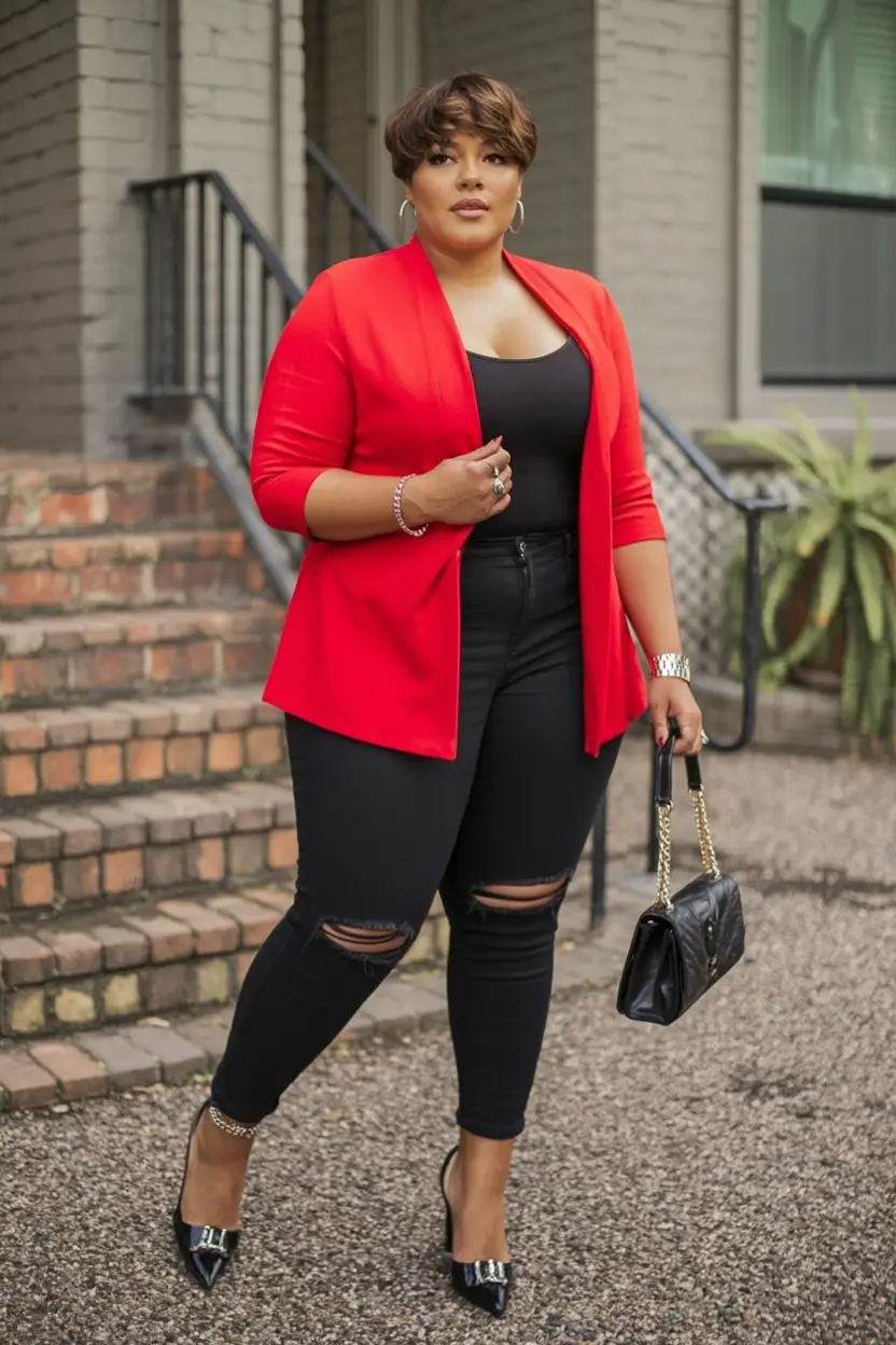 fall plus size outfits Ripped Denim with a Crimson Twist