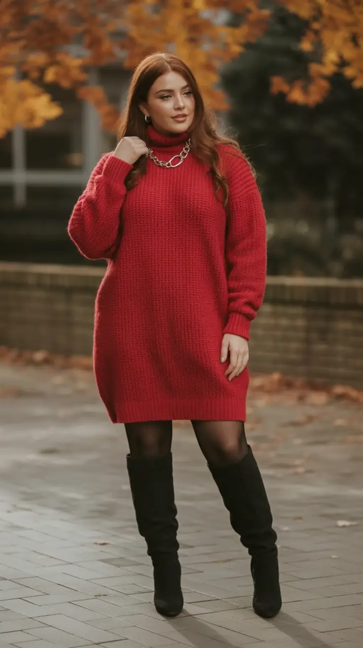 fall plus size outfits Red Knit and Chain Chic