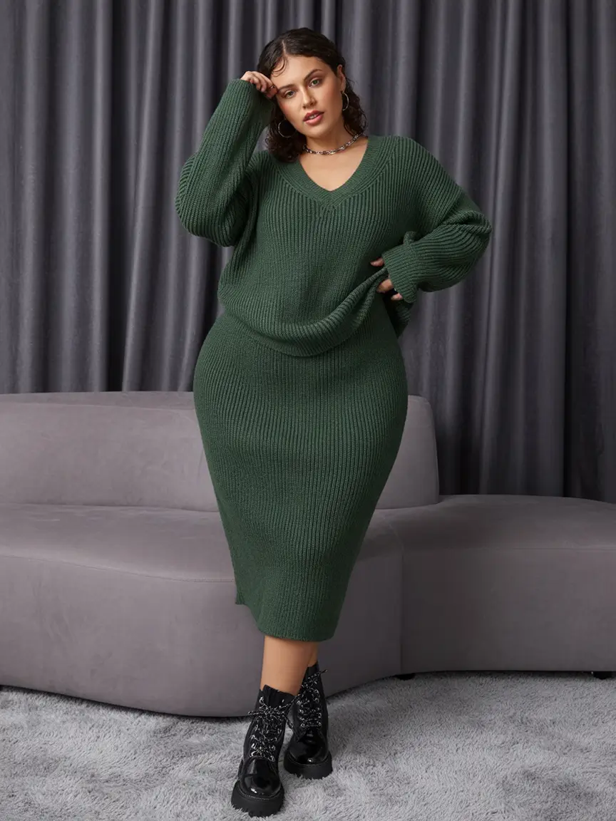 fall plus size outfits Chunky Knit Meets V-Neck Sleek