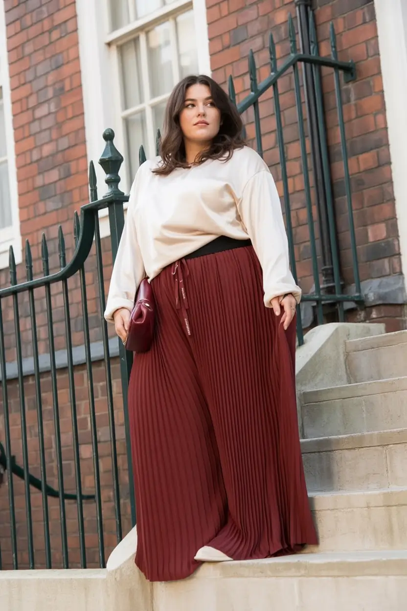 fall plus size outfits Pleated Wine Tones with Cream Silk