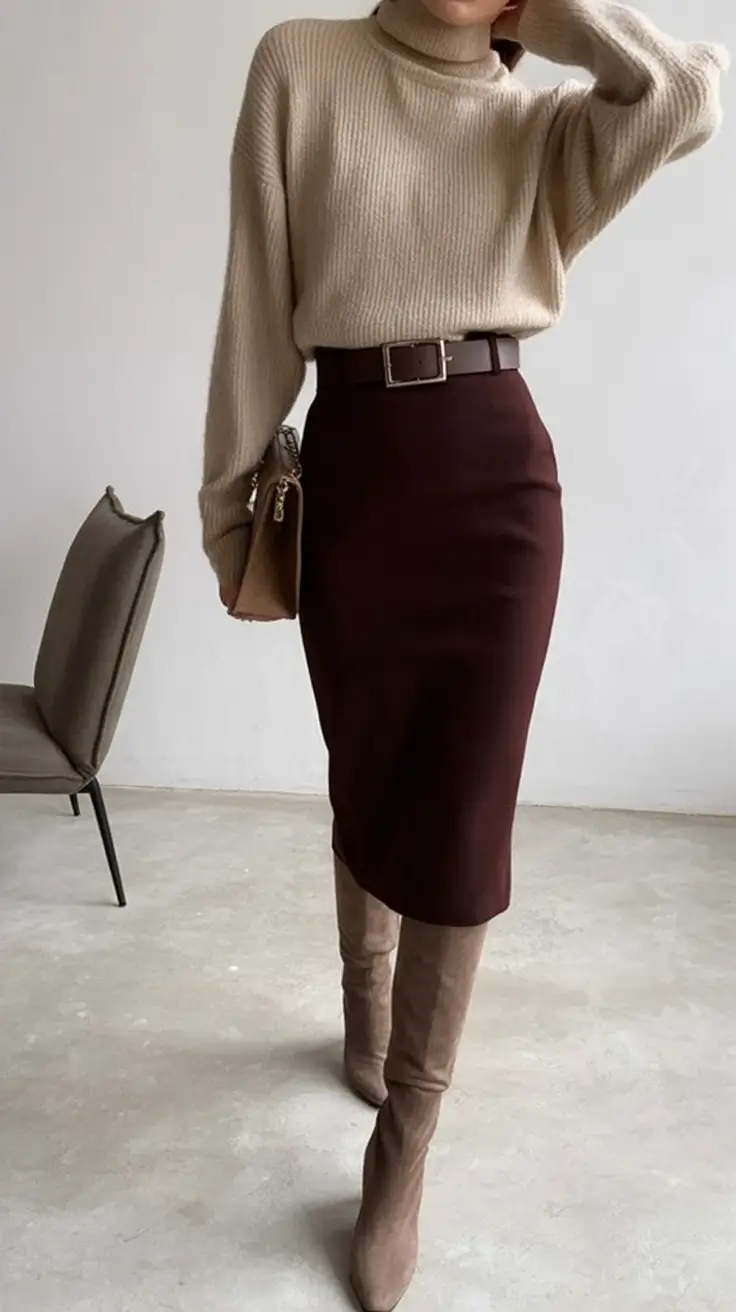 2025 Fall Cozy outfits Ideas 2025 Chocolate Pencil Skirt And Belted Knit Elegance