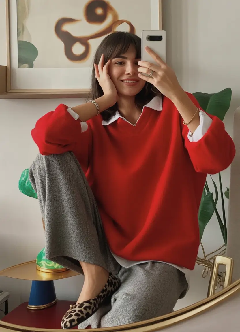 2025 Fall Cozy outfits Ideas 2025 Red Sweater And Leopard Flats With Preppy Vibes