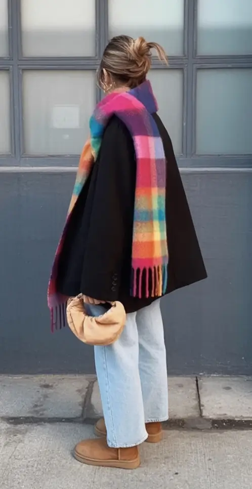 2025 Fall Cozy outfits Ideas 2025 Rainbow Scarf And Denim For Cold-Weather Joy