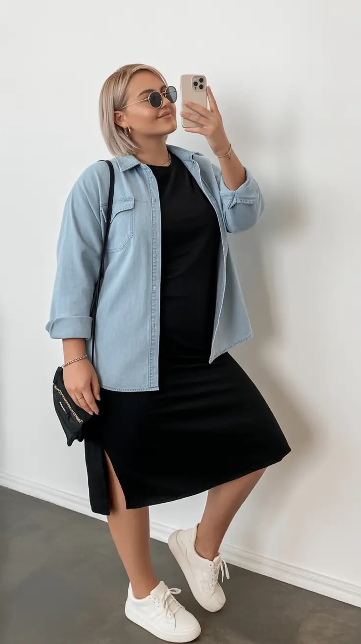 2025 Fall outfits Trends for Plus Size Women Layered Ease: Denim Shirt Meets Minimal Chic