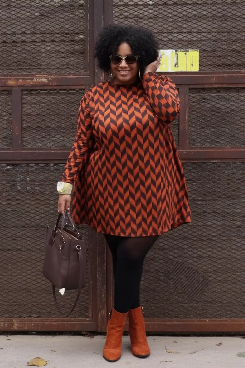2025 Fall outfits Trends for Plus Size Women Mod Print Energy in Rust and Black