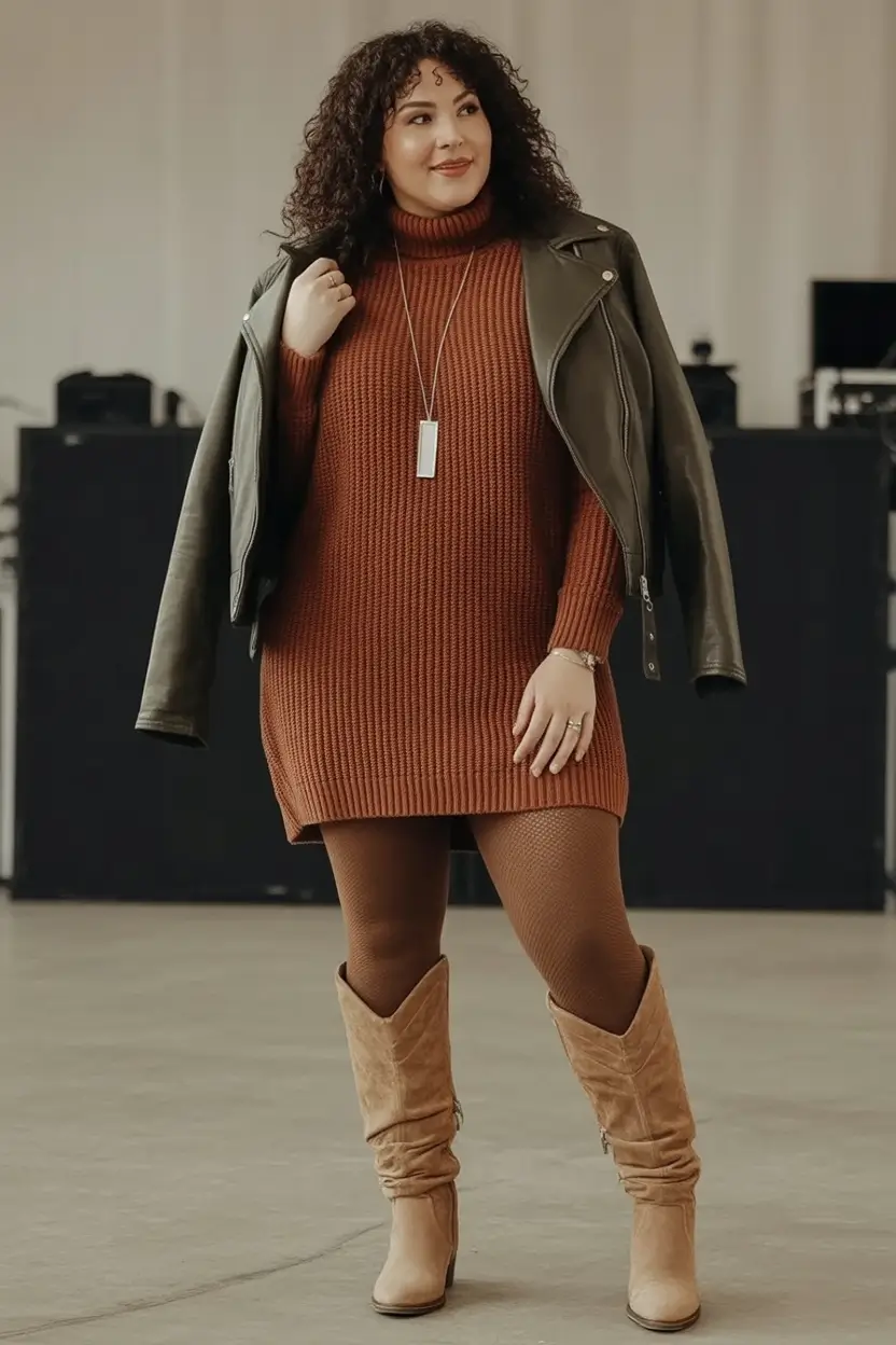 2025 Fall outfits Trends for Plus Size Women Sweater Dress With a Western Twist