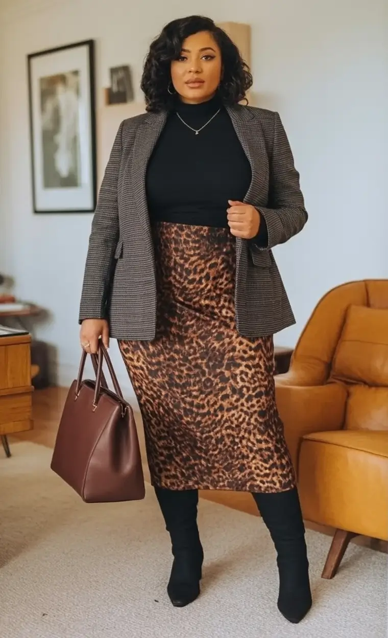2025 Fall outfits Trends for Plus Size Women Leopard Revival in Luxe Layers
