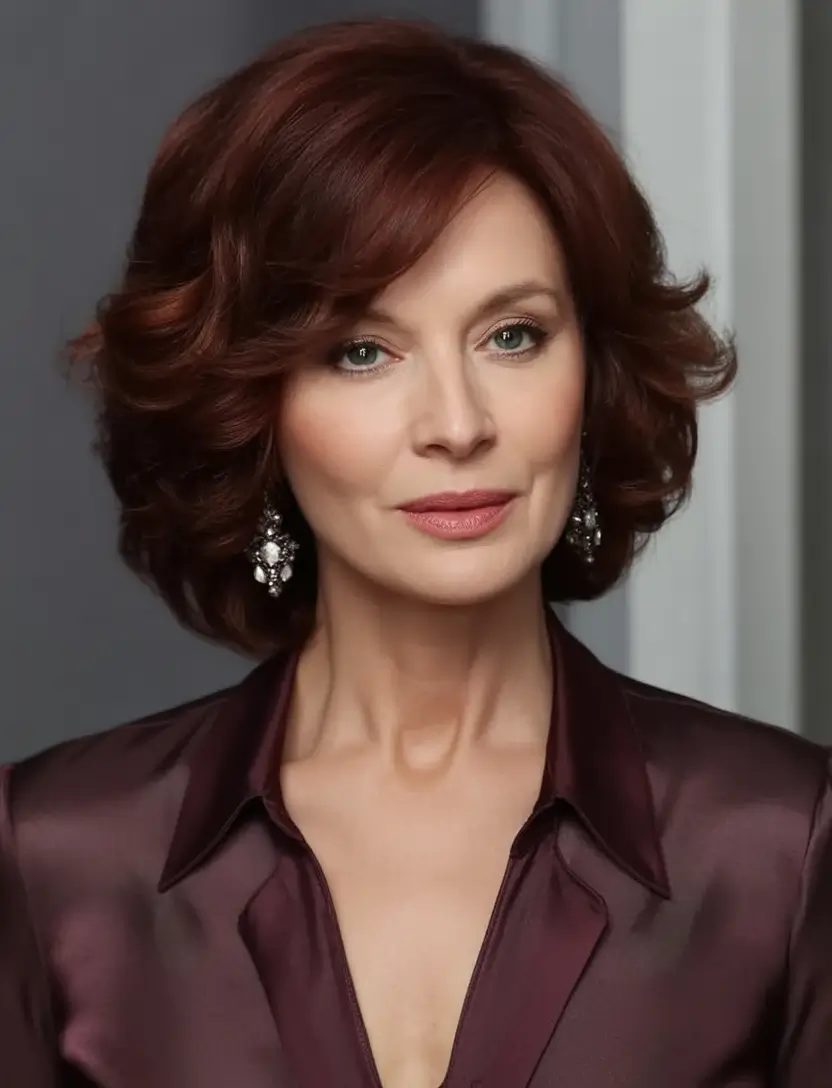 Beautiful Fall 2025 hairstyles and colors for Women 50+ Rich Wine Layers for Soft Sophistication