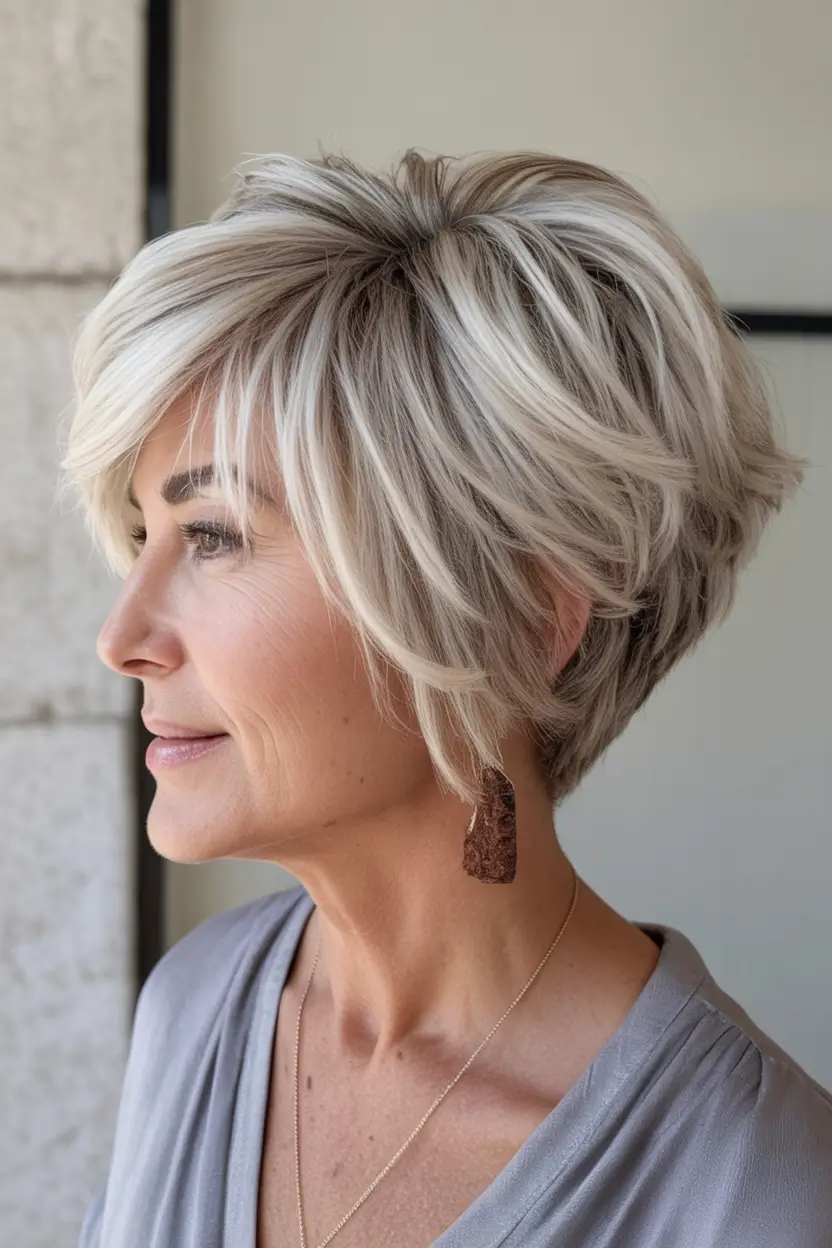 Beautiful Fall 2025 hairstyles and colors for Women 50+ Chic Vanilla Blonde Tapered Bob