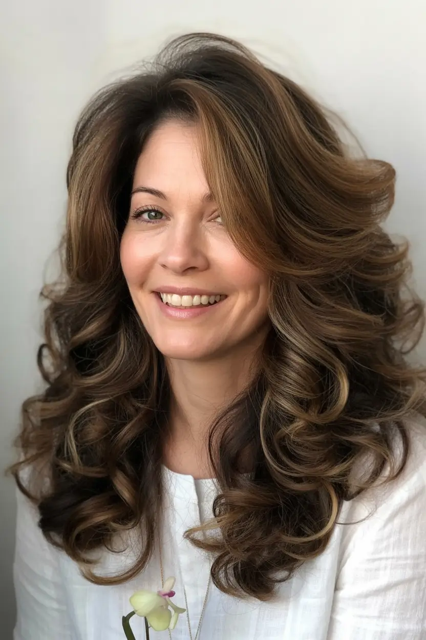Beautiful Fall 2025 hairstyles and colors for Women 50+ Big Barrel Brunette Blowout