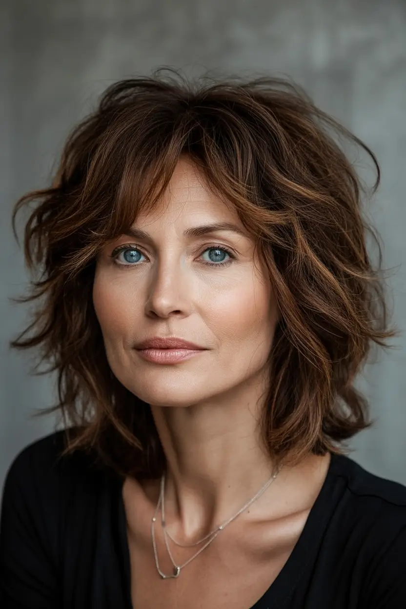 Beautiful Fall 2025 hairstyles and colors for Women 50+ Textured Brunette Mullet Revival
