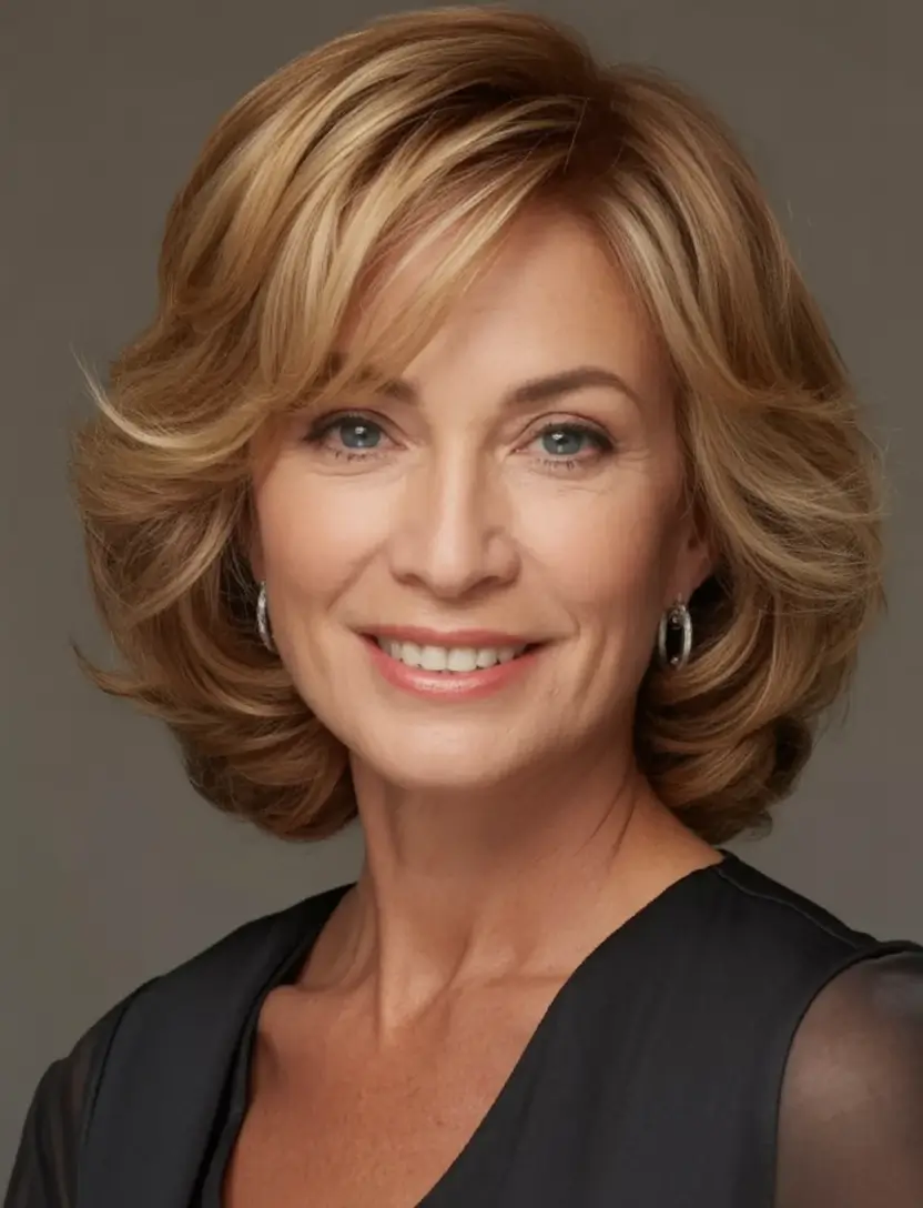 Beautiful Fall 2025 hairstyles and colors for Women 50+ Caramel Swirl Volume with Feathered Bangs
