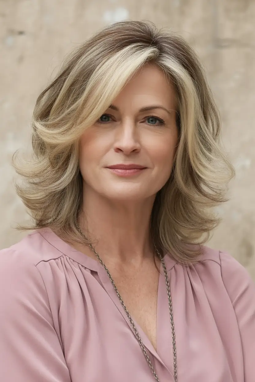 Beautiful Fall 2025 hairstyles and colors for Women 50+ Champagne Flip with Ash Blended Layers