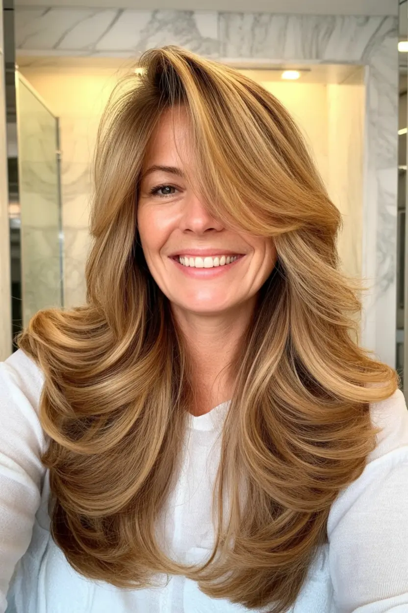 Beautiful Fall 2025 hairstyles and colors for Women 50+ Layered Waves With Full Bangs