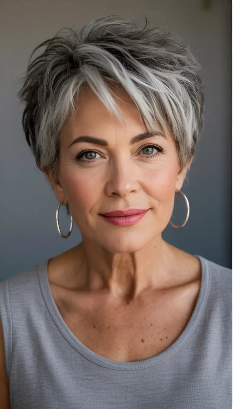 Beautiful Fall 2025 hairstyles and colors for Women 50+ Silver Pixie with Feathered Volume