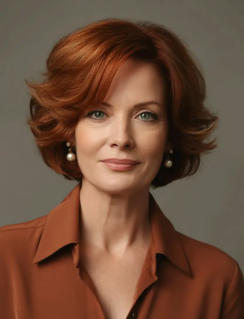 Beautiful Fall 2025 hairstyles and colors for Women 50+ Rounded Cinnamon Bob