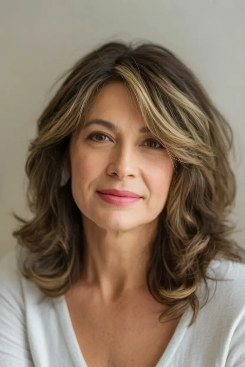 Beautiful Fall 2025 hairstyles and colors for Women 50+ Textured Layers With Creamy Blonde Highlights
