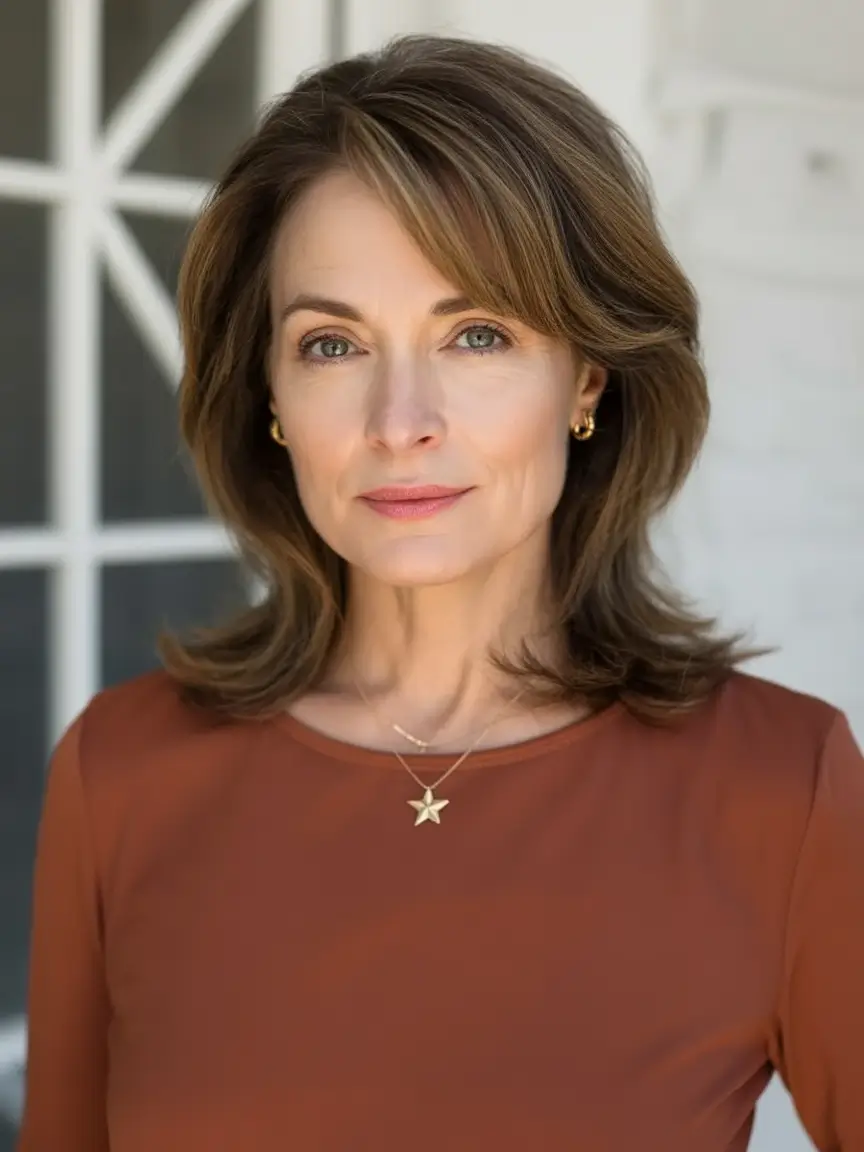 Beautiful Fall 2025 hairstyles and colors for Women 50+ Sleek Medium Layers With Warm Brunette Blend