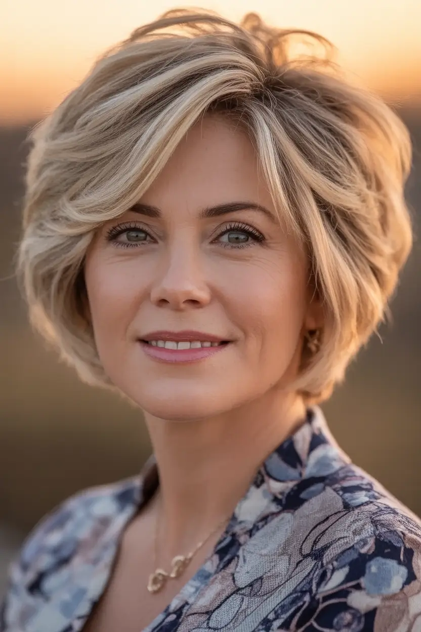 Beautiful Fall 2025 hairstyles and colors for Women 50+ Voluminous Bob With Platinum Ribbon Highlights