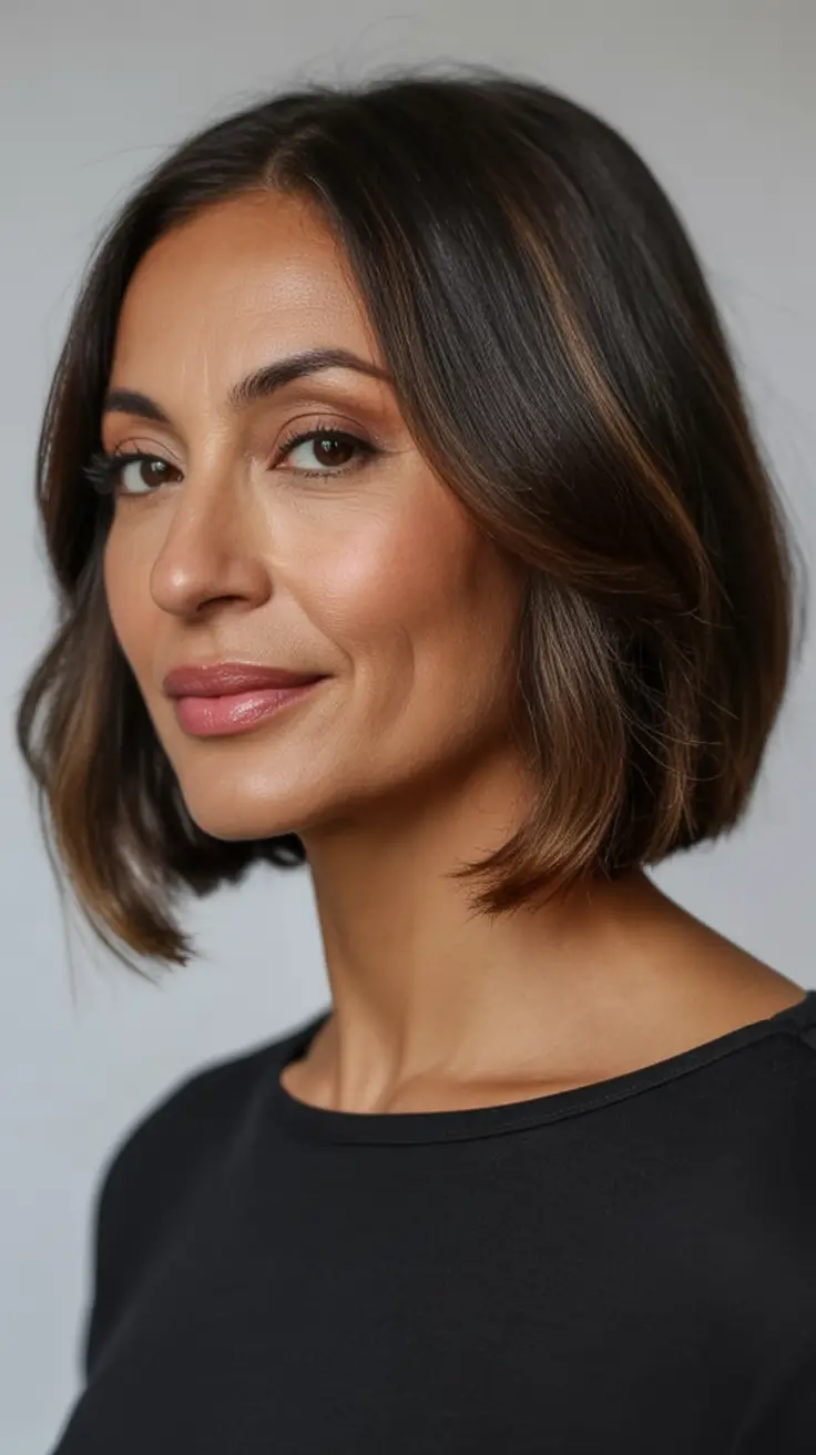 Beautiful Fall 2025 hairstyles and colors for Women 50+ Classic French Bob With a Chestnut Glow