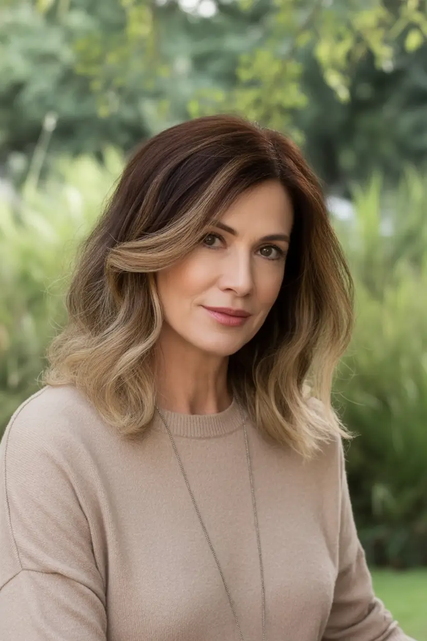 Beautiful Fall 2025 hairstyles and colors for Women 50+ Soft Ombré Waves with a Sweater-Weather Finish