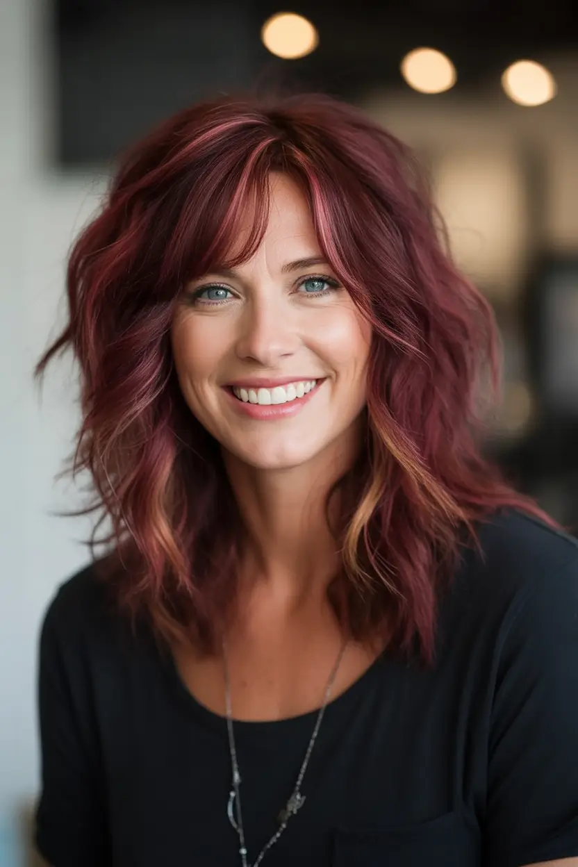 Beautiful Fall 2025 hairstyles and colors for Women 50+ Playful Plum Waves with Copper Pop