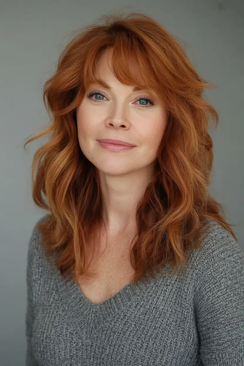 Beautiful Fall 2025 hairstyles and colors for Women 50+ Coppery Fringe Layers That Spark Joy