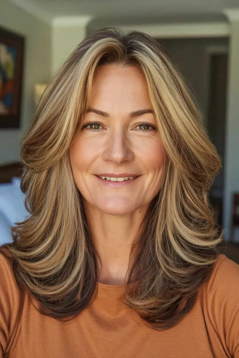 Beautiful Fall 2025 hairstyles and colors for Women 50+ Golden Curtain Layers for Lift and Warmth