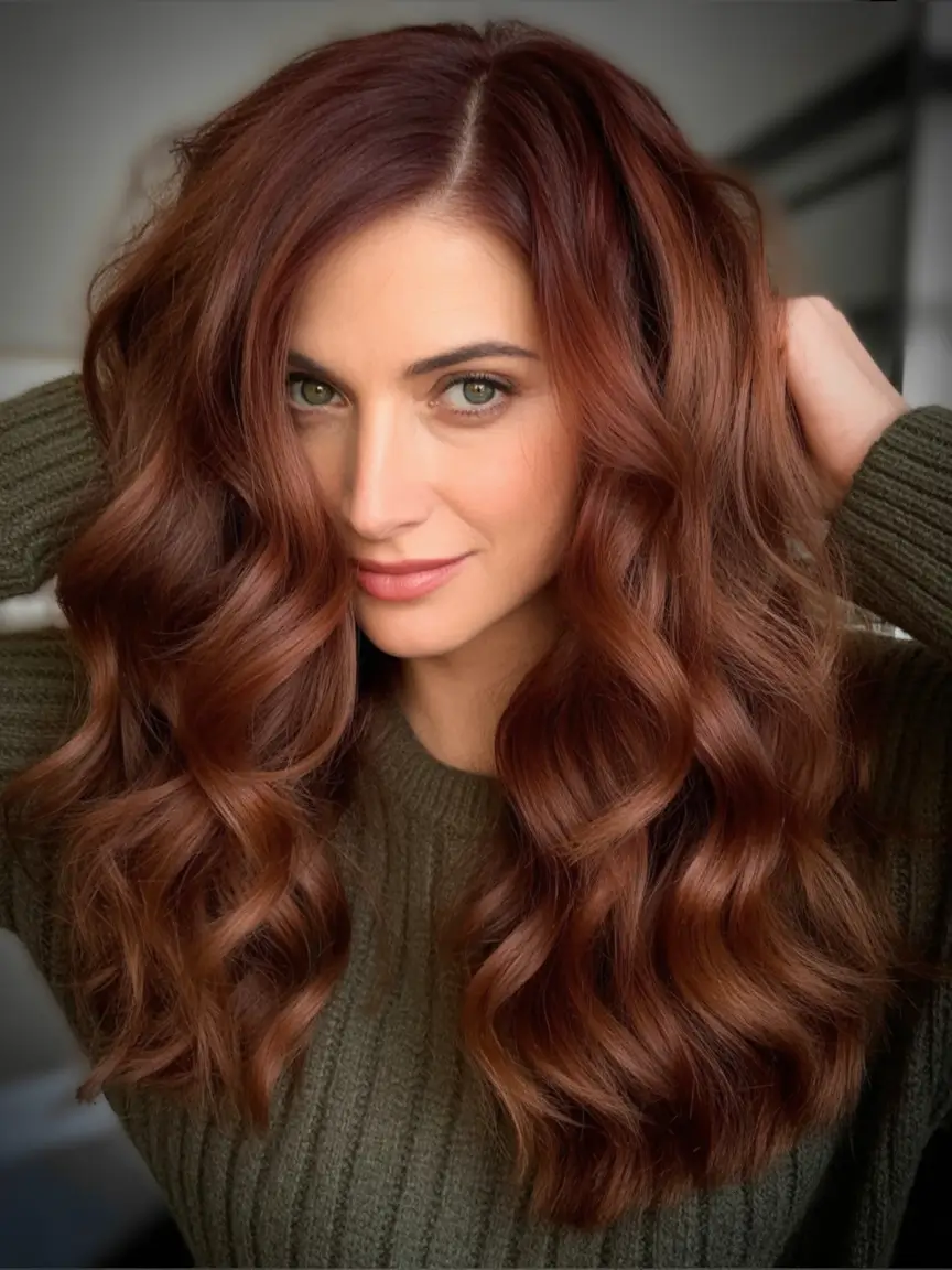 Best Fall hairstyles and colors for Women 40+ in 2025 Glossy Long Curls In Cinnamon Red