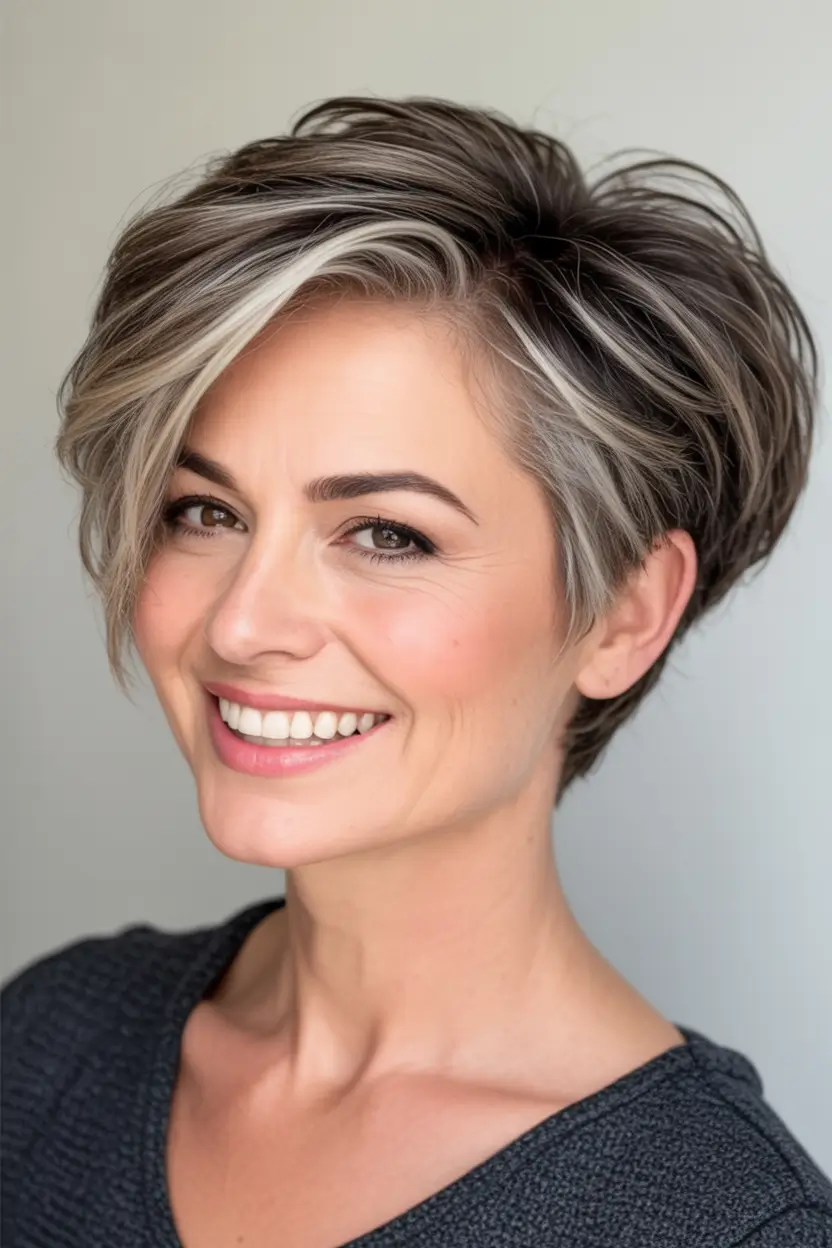 Best Fall hairstyles and colors for Women 40+ in 2025 Textured Pixie With Silver Streaks