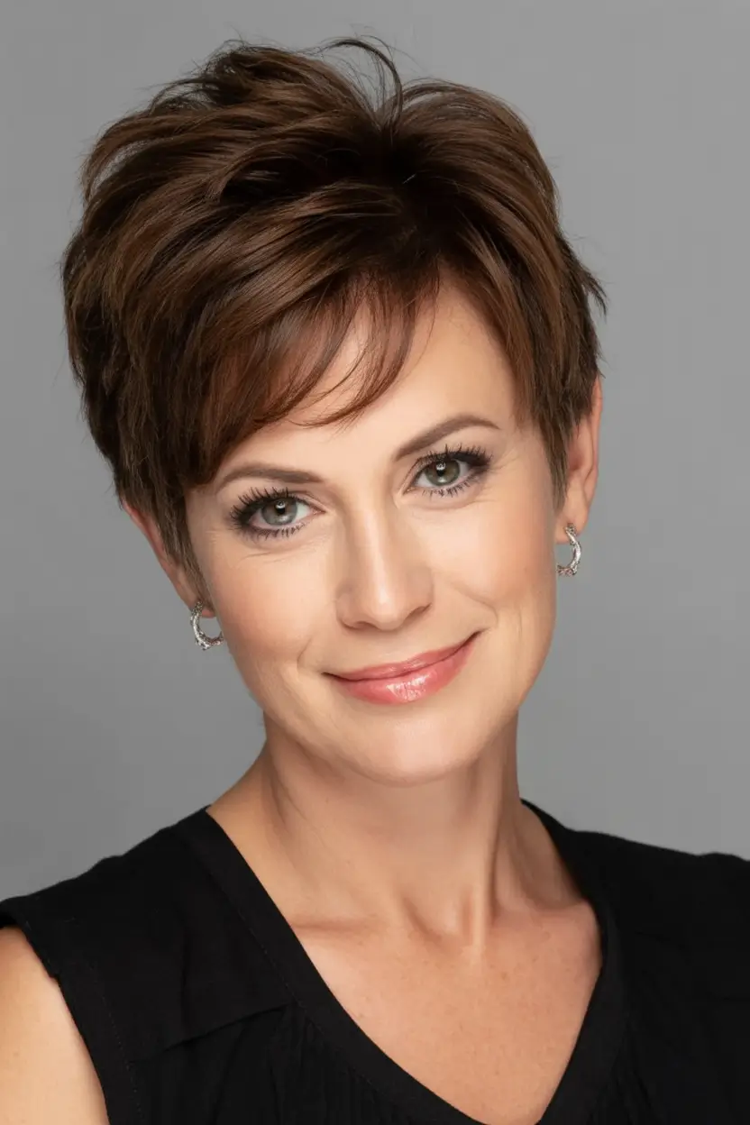 Best Fall hairstyles and colors for Women 40+ in 2025 Soft Brunette Pixie With Wispy Bangs