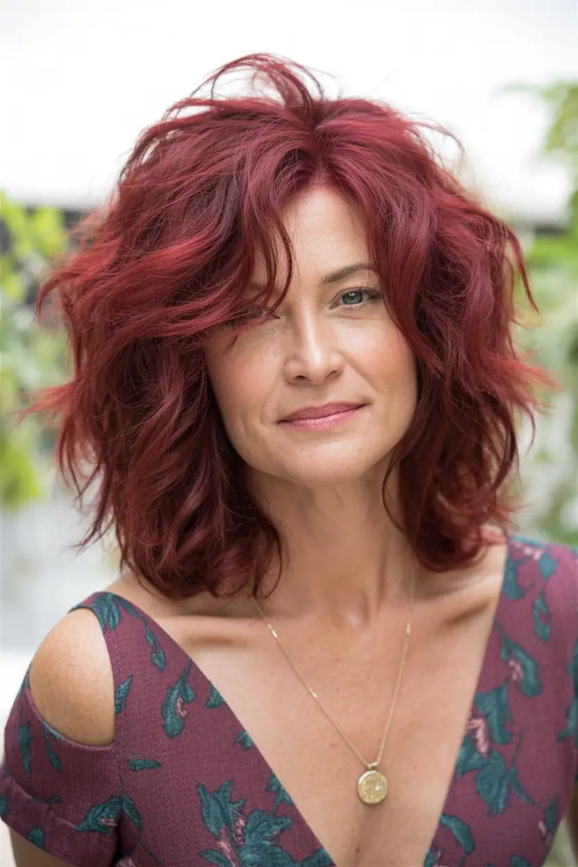 Best Fall hairstyles and colors for Women 40+ in 2025 Tousled Red Lob With Texture