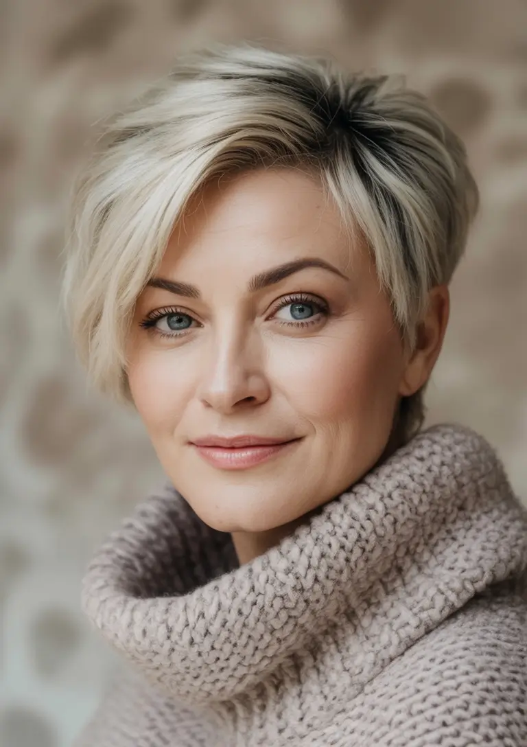 Best Fall hairstyles and colors for Women 40+ in 2025 Soft Platinum Pixie for Cool Fall Days