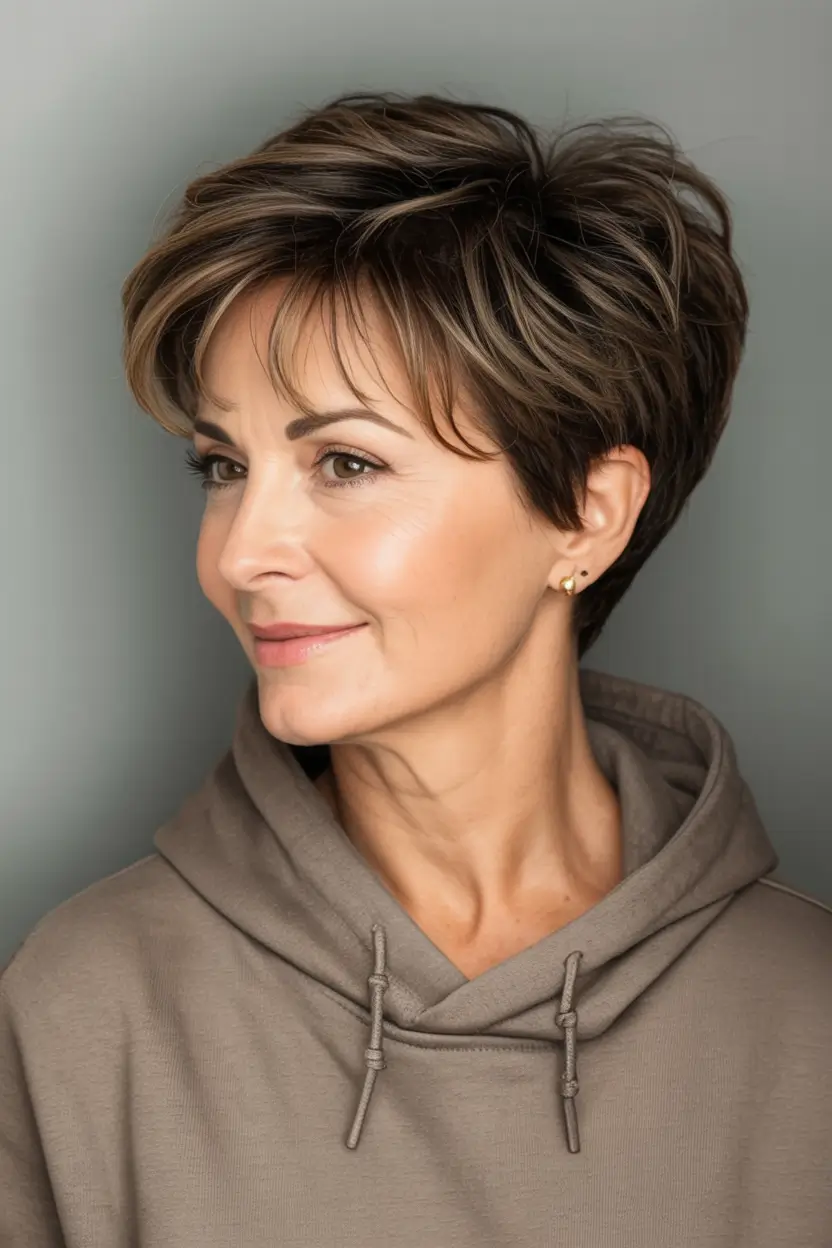 Best Fall hairstyles and colors for Women 40+ in 2025 Layered Brunette Pixie with Soft Lift